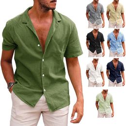 Men's Casual Shirts Linen Large Size Short-sleeved T-shirt Loose Undershirt Solid Colour Button Cardigan Cotton Shirt Men