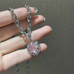 Pendant Necklaces Korean Fashion Pink Heart Zircon Pendant Necklace for Women Charm Collar Chain Valentines Day Gift Wedding Party Jewelry Collare 230808