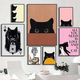 Curious Black Cat Poster Three Kittens Canvas Painting Cat Lover Quote Art Posters and Prints Wall Art Picture Living Room Bathroom Home Decoration Wo6