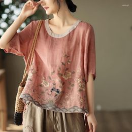 Women's Blouses Cotton Linen Embroidered Floral Chinese Classic Loose Shirt Top Casual Retro O Neck Short Sleeve Trendy Shirts