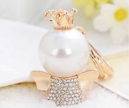 Lovely Crown Pearl Angel Keychain Car Keyring Rhinestone Crystal Charm Pendant Key Bag Chain Gift New Fashion