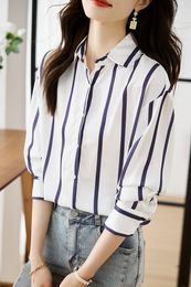 Women's Blouses Women Striped Print Blouse Tops Autumn Turn Down Collar Long Sleeve Button OL Shirts