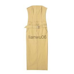 Basic Casual Dresses Women Fashion Solid Corset Dress Strapless With Belt Back Pocket Female Sexy Casual Vintage Slim Fit Mini Long Dresses J2308009