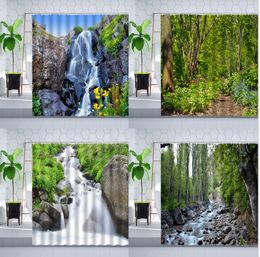 Toothbrush Holders Natural Scenery Shower Curtain Set Waterfall Flower Plant Forest Green Leaf Stone Landscape Bathroom Curtains Polyester Decor 230809