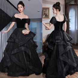 Party Dresses It's Yiiya Boat Neck Pleat A-Line Ruched Floor-Length Formal Dress Lace Up Tulle Black Appliques Elegant Woman A2742