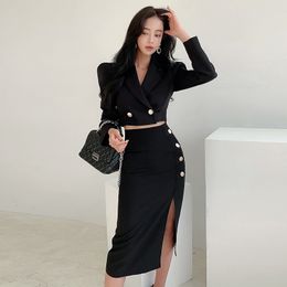 Women s Suits Blazers Spring Autumn Black 2 Pieces Set Women Lady Chic Temperament Formal Casual Short Cropped Coat High Waist Skirt Slim Outfit 230809