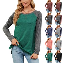 Women's T-Shirt Fashion Women Autumn Color Block Stitching O Neck Long Sleeve Faux Leather Top Clothing