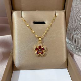 Exquisite Flower Zircon Pendant Necklace For Women Fashion Red Cherry Blossom Necklace Luxury Sweater Chain Love Gift