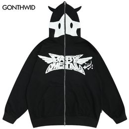 Mens Hoodies Sweatshirts Men Devil Horns Hoodie Coat Y2K Hip Hop Embroidery Star Two Way Zip Up Hooded Sweatshirt Streetwear Harajuku Fashion Emo 230808