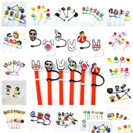 Drinking Straws Custom Bad Bunny Etc Pattern Soft Sile St Toppers Accessories Er Charms Reusable Splash Proof Dust Plug Decorative 8Mm Part