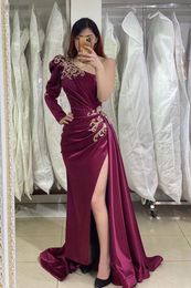 Luxury Burgundy Mermaid Party Dresses one shoulder Women Evening Prom With Sleeves Sexy Slit Satin Beaded Formal Dress Vestidos De Fiesta