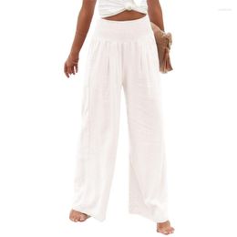 Women's Pants 2023 Womens Palazzo Wide Leg High Waisted Cotton Linen Lounge Beach Smocked Pleated Loose Casual Trousers With Pockets