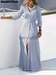Basic Casual Dresses 2023 Autumn Shirt Women's Dress Boho Elegant Party Dresses Long Evening Gown Lace Up Simple Spring Fashion Female Striped Gowns J2308009