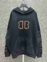 Women's Hoodies & Sweatshirts designer High version B family 23s new mud dyed terry hoodie, custom woven and fabric, worn torn holes, unisex style KN2O