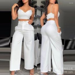 Women's Two Piece Pants Set Spaghetti Strap Crop Top & Wide Leg Suits 2023 Women Tight High Waist Pockets Long Sets Summer Elegant