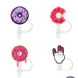 Drinking Straws Custom Donut Pattern Soft Sile St Toppers Accessories Charms Reusable Splash Proof Dust Plug Decorative 8Mm In Tumbler Cup