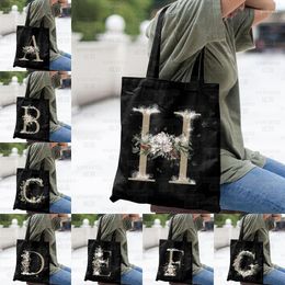 Shopping Bags Aesthetics 26 Letters Black Canvas Bag Dirty Resistant College Students Supermarket Portable Recyclable Eco