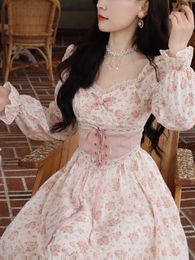 Pink Floral Korea Sweet Elegant Dres Bandage Lace Print France Vintage Dress Puff Sleeve Princess Kawaii Fairy 230808