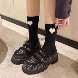 Dress Shoes Luxury Tweed Shoes Women Shearling Lined Loafer with Lug Sole Lady Elegant Warm Plush Slip-on Platform Zapatos in Black White J230808