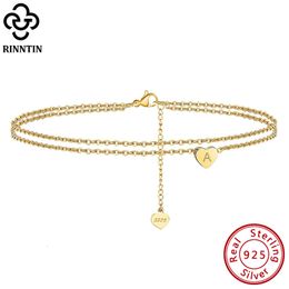Anklets Rinntin 925 Sterling Silver Fashion Letter Initial Heart Anklets for Women 14K Gold Ankle Chain Bracelet Barefoot Jewelry SA18 230808