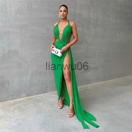 Basic Casual Dresses Gtpdpllt Elegant Green Long Evening Dresses For Women 2023 Sexy Halter Split Maxi Dress Wedding Guest Party Festival Outfits J2308009