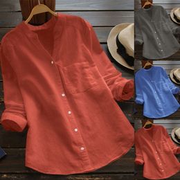 Women's Blouses Shirts Button Women's Blouses Pockets Cotton Linen Casual Women's Shirts Summer Top Long Sleeve Shirt Blouse Solid Color Tops 230808