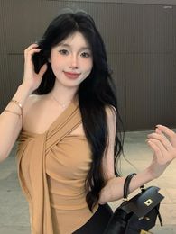 Women's Tanks Camisole With Sloping Shoulder And Irregular Design Coffee Colour Summer Short Tops Open Back Sleeveless Clothing