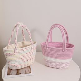 Evening Bags Pink Cotton Woven Bag Women's Crossover Design Handle Contrast Stripe Handbag Beach Holiday Picnic Storage Basket 230809