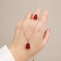 Wedding Jewellery Sets Never Fade Stainless Steel Chain Natural Red Ruby Jade Necklace Shining Iced Out Natural Stone Gourd Calabash Pendant Necklace 230808