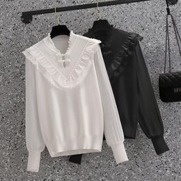 Women's Sweaters Fall Chinese Vintage Women Lace Ruffle Pearl Button Knit Sweater Womens Knitwear