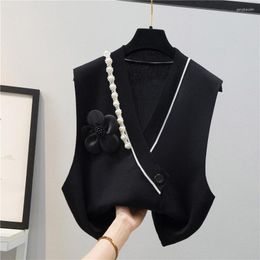Women's Sweaters V-neck Layered Sweater Vest Style Pearl Shirt Flower Knitted Women Crop Tops Cute