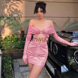 Basic Casual Dresses Elegant Glitter Mini Dress for Women Sexy Hollow Out Off the Shoulder Ruched Bodycon Evening Club Party Dresses without glovers J2308009