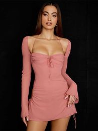 Urban Sexy Dresses Women Flare Long Sleeve Pink Dress Fashion Square Collar Bandage Robes Sexy Cut Out Party Club Vestidos 230808