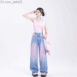Women's Pants Capris Pink gradient straight retro high waisted jeans Korean women's wide leg bag Y2K full length denim Trouser Z230809