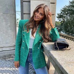 Ardm Office Lady Green Tweed Autumn Winter Jacket Women Notch Long Sleeve Double Breasted Pocket Blazers Coat Femme Tops Outwear T230809