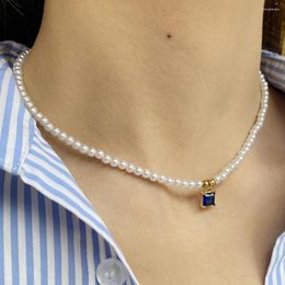 Pendant Necklaces Square Blue Zircon Inlay Imitation Pearl Necklace Women Collar Stainless Steel Clasp Fashion Jewelry