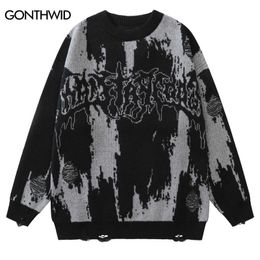 Men's Sweaters Hip Hop Ripped Sweaters Grunge Y2K Vintage Knitted Punk Gothic Streetwear Jumpers Men Women Harajuku Fashion Pullover 230808