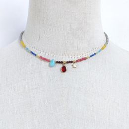 Choker Creative Design Lake Blue Red Water Drop Stone Gold-color Star Embellishment Necklace Bohemian Colorful Crystal Beaded
