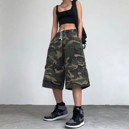 Men's Pants Foufurieux Loose Neutral Wide Leg Half Camouflage Pants Men Summer American Street Casual A-Line Elastic Waistband Shorts Female 230808