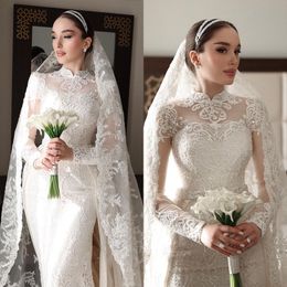 Elegant Mermaid Wedding Dress Lace Appliques High Neck Bridal Gowns Long Sleeve Sweep Train Bride Dresses vestido de casamento