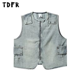 Men's Vests Denim Cargo Vest Mens Washed Distressed Button Decoration Crew Neck Zipper Sleeveless Men 230809