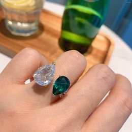 Cluster Rings Elegant Drop Lab Created Emerald White High Carbon Diamond Open Ring For Women S925 Sterling Silver Jewellery Valentine's Day