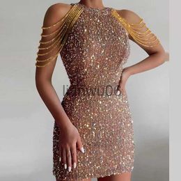 Basic Casual Dresses Shiny Sequined Slim Mini Dress 2023 New Sexy Club Party Bodycon Dress Fashion Halter Neck Cocktail Dress Solid Evening Dress J2308009