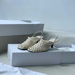 Women's Shoes Woven Mule Vegetable-tanned Leather Elegant Mule Sandal Smooth Vegetable Tanned Leather Intricately Handwoven Straps Tint Lacquered Heel