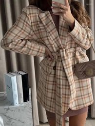 Women's Suits Blazers Plaid 2023 Long Sleeve Single Buckle Lace-up Pocket Womens Clothing Coat Fashion Elegance Office Lady In Outerwears