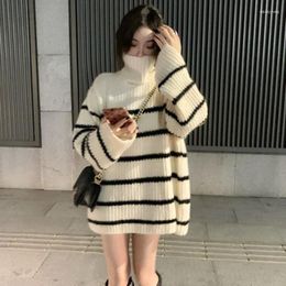 Women's Sweaters Long Striped Sweater Women Korean Fashion Streetwear High Collar Sleeve Top Vintage Baggy Knitted Pullover Harajuku
