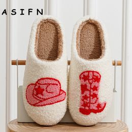 Slippers ASIFN Cute Boot Womens Cowgirl Hat Fluffy Cushion Slides Comfortable Cosy Comfy Smile Houseshoes Laides Winter Shoes 230808