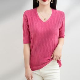 Women's Sweaters Lafarvie Spring/Summer Ladies Pullover Solid Colour V-neck Half-sleeved Knitted Cashmere Sweater Thin Casual Top