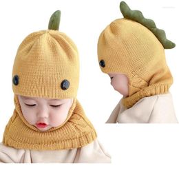 Berets 2023 Winter Knit Baby Knitted Hat Scarf One-piece Hats Kids Girl Boy Beanies Caps Warm Dinosaur Earflap For Children