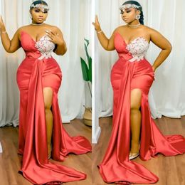 Coral Plus Size Mermaid Arabic Aso Ebi Red Sexy Prom Lace Beaded Evening Formal Party Second Reception Birthday Engagement Dresses 328 328